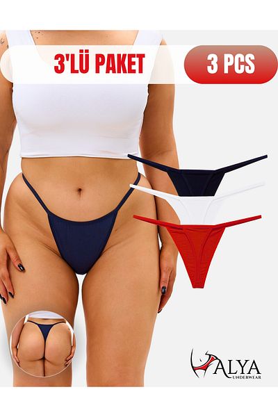 ALYA UNDERWEAR Women's Stringed Thong Panties - Pack of 3 (1 ECRU, 1 RED, 1 NAVY BLUE) 1301t