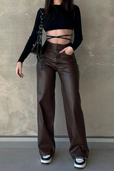 Madmext Mad Girls hnědé kožené kalhoty Mg1316