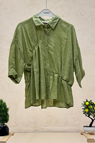 sahnemoda Yan Lastik Büzgülü Oversize Kısa Kol Salaş Gömlek