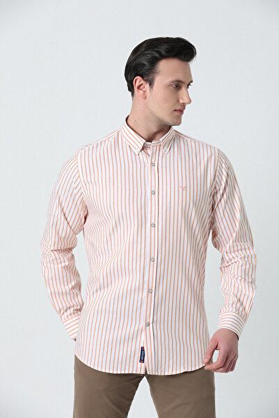 Brothers Ανδρικό μακρυμάνικο γαρνιρισμένο πουκάμισο Oxford λευκό-πορτοκαλί ριγέ