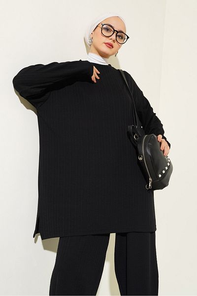 Bigdart 6681 Crew Neck Tunic Pants Double Set - Black