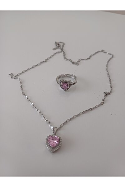 Çelik Pandora's Pembe Kalp Gümüş Renk Zincir Kolye Ve Kalpli Yüzük ( Ciddi Ilişki Kombini)