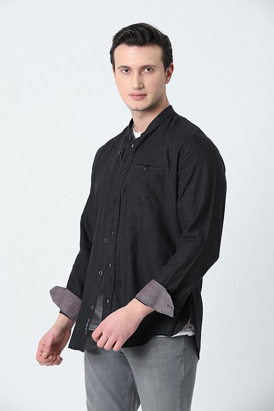 Brothers Ανδρικό πουκάμισο Tailorored Fit με μακρυμάνικο γιακά Flannel Pocket που πλένεται μαύρο