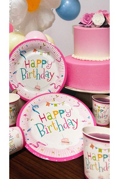 Artikel Pink Happy Birthday Use - Horse Plate and Cup Set Birthday Party Set for 8