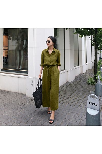 Barbora Linen Daily Comfortable Waist Lace Detailed Long Sleeve Dress