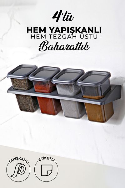 Kitchen Life Self-Adhesive Square Spice Rack Set with 4 Labels Stand - Food Storage Container Set