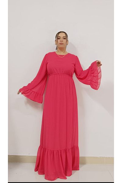 AKŞEN GİYİM Fully Lined Straight Color Chiffon Long Dress Fit for Women's Saw