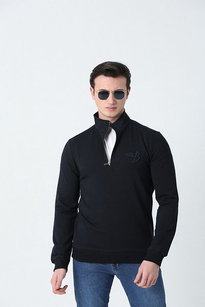 Brothers Ανδρικό φούτερ Navy Blue - Stand-up γιακά, μισό μεταλλικό φερμουάρ, χτενισμένο βαμβάκι με 2 κλωστές