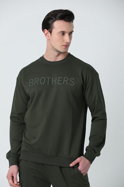 Brothers Ανδρικό φούτερ με λαιμόκοψη ποδηλάτου μεγάλου μεγέθους με 2 κλωστές χτενισμένο βαμβακερό φούτερ Khaki Green