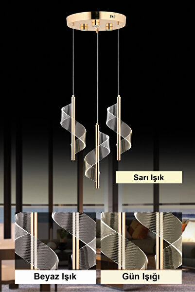 İstanbul Avize Mira 3'lü Gold Kumandalı 3 Renk Led Lüx Modern Ledli Avize