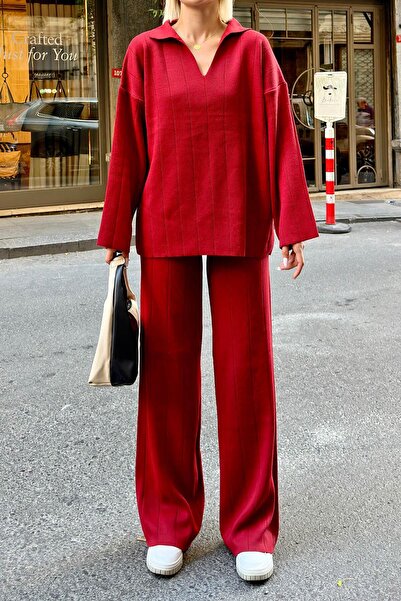 Swist Red Pra Polo Collar Oversize Sweater-Pants Knitted Women's Bottom-Top Set