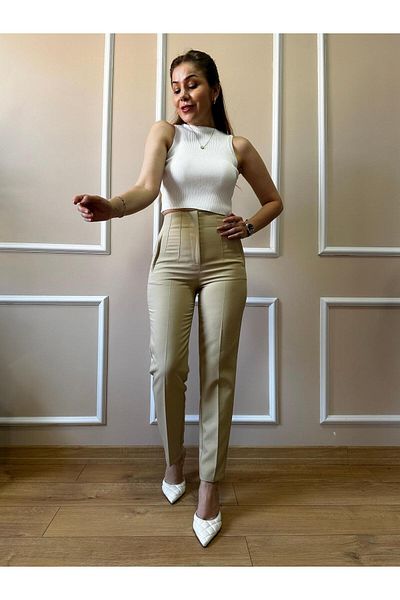 Size Özgü Beige Front Flotal Trousers