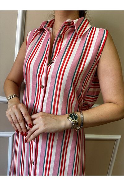 ASENA BUTİK Ροζ ριγέ φόρεμα με κορδόνι πίσω