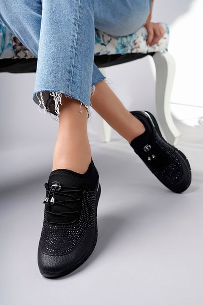 Nexs Women's Black Semi Stone Low Sole Orthopedic Shoes