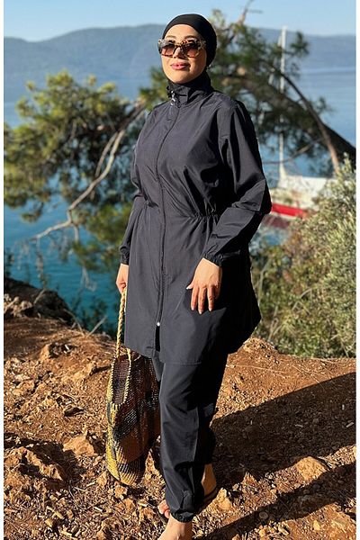 sefamerve 2-teiliger Hijab-Badeanzug mit Tasche und elastischem Bund 2038-04 Marineblau