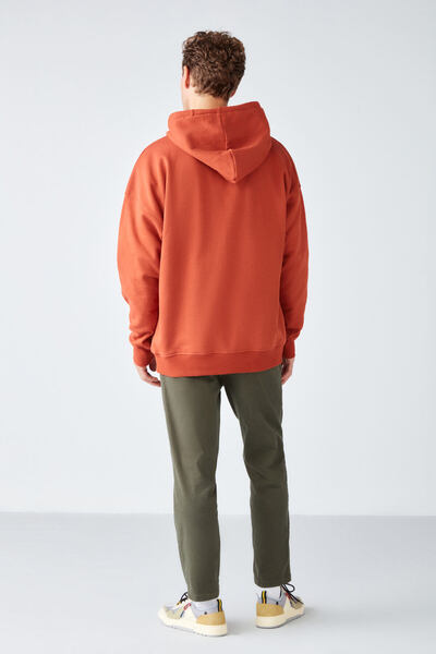 GRIMELANGE Steve Erkek Yumusaçık Kumaşlı Kordonlu Oversize Kapüşonlu Kanguru Cepli Kiremit Rengi Sweatshirt