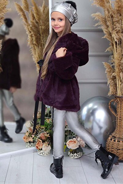 Riccotarz Pulover din bumbac pentru fete și Colanți din piele, cu detaliu de curea, din jerseu, din blană de bordo