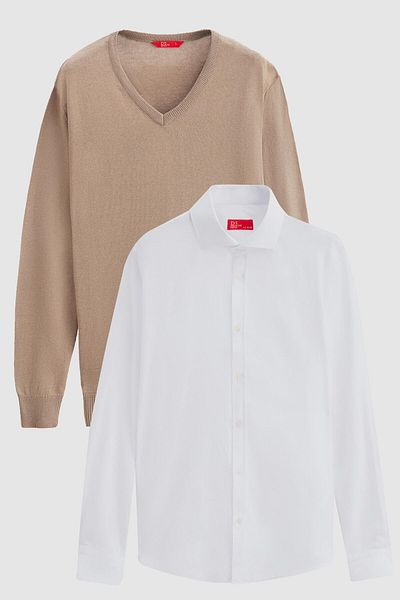 D'S Damat Ds Damat Slim Fit Beige βαμβακερό πλεκτό και πουκάμισο 2 τεμαχίων με λαιμόκοψη