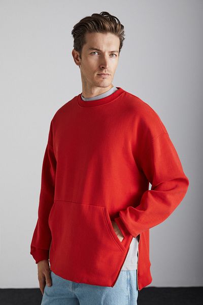 GRIMELANGE Santıagos Men's Kangaroo Pocket Red Sweatshirt with Zipper Detail and Letter Print on the Back