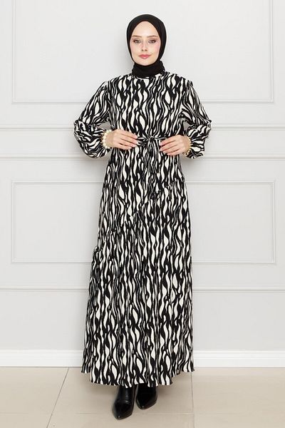 Sevitli Cross Ruffled Karin Dress with Belted Waist-Black
