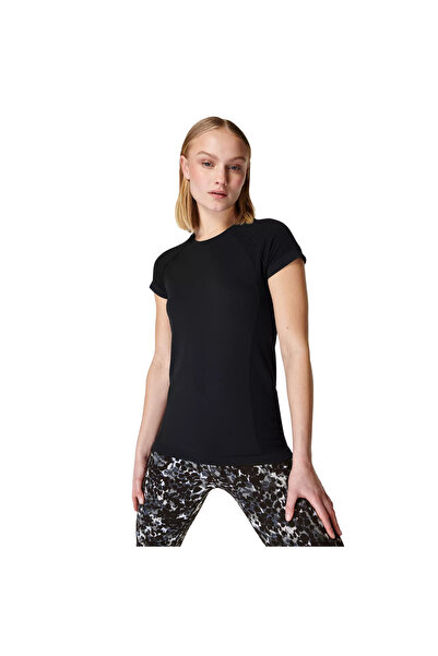 Sweaty Betty تي شيرت رياضي درزة مخفية للتمرين للسيدات تي شيرت أسود للياقة الب...