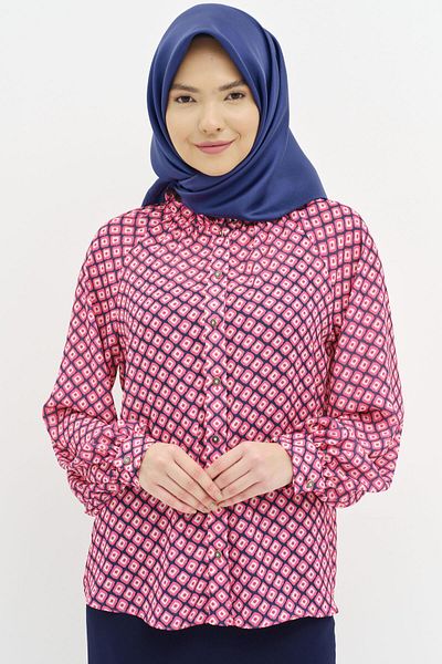 Tuğba Ruffle Collar Drawstring Patterned Shirt - Fuchsia