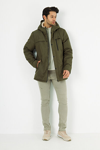 D1fference Ανδρικό Χειμερινό Παλτό Χακί - Αποσπώμενη κουκούλα, Αντιανεμική