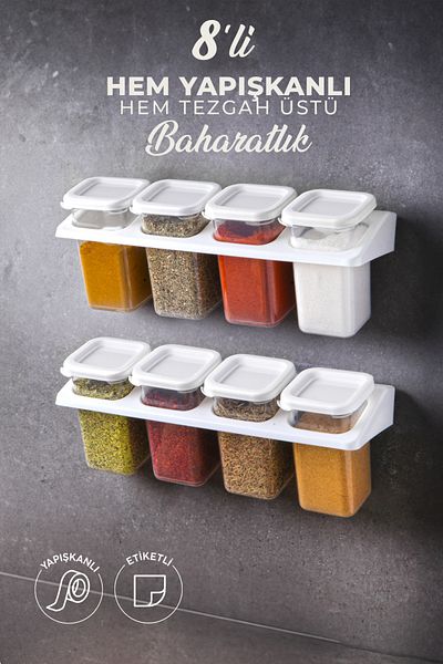 Kitchen Life 8-Piece Self-Adhesive Square Spice Rack Set with Sticker Stand - Food Storage Container Set