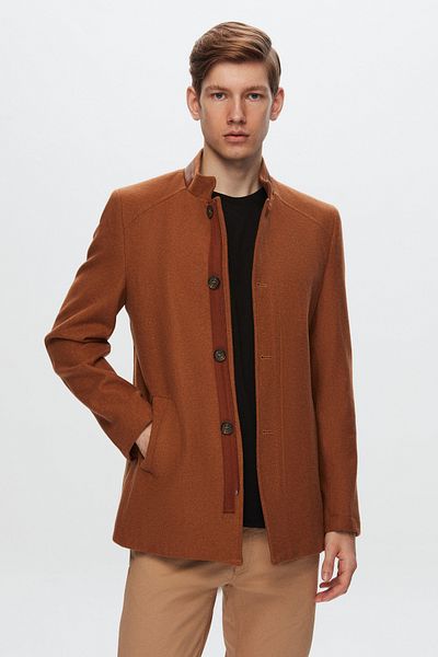 D'S Damat Ds Damat Regular Fit Camel Stand Colar Stamp Coat