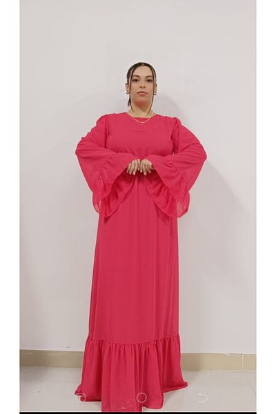 AKŞEN GİYİM Fully Lined Straight Color Chiffon Long Dress Fit for Women's Saw
