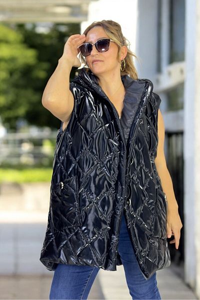 yagmurberen Hooded Quilted Pattern Large Size Sleeveless Vest Jacket