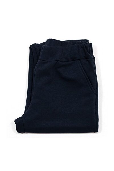 Cottonland Dafni Navy Blue Unraised Cotton Women's Sweatpants - Three Thread Regular Fit