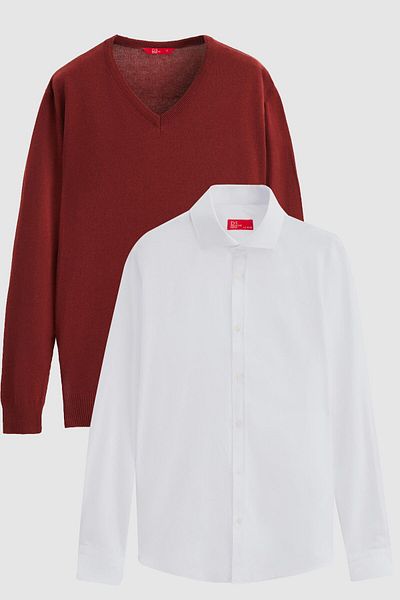 D'S Damat Ds Damat Slim Fit Tile Cotton Blended 2-Piece V-Neck Knitwear and Shirt