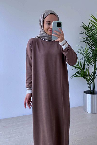 Ka Hijab Brown Mercerized Hijab Dress - Collar Stripe