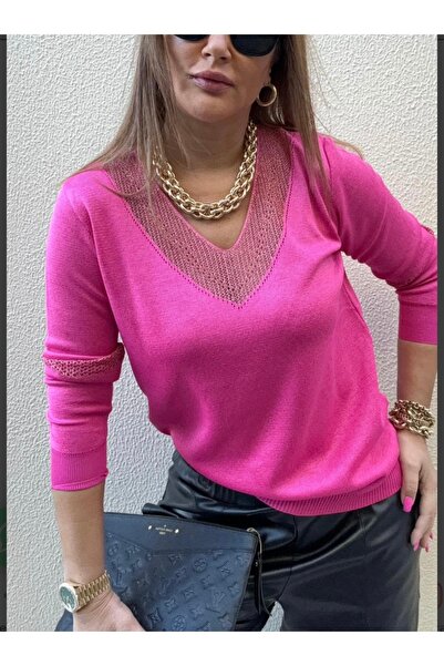D LAVELLA V yaka kol detaylı simli salaş triko bluz