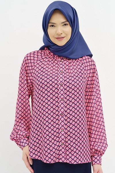 Tuğba Ruffle Collar Drawstring Patterned Shirt - Fuchsia