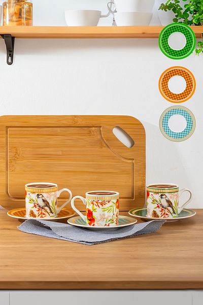 Porsima Cardellino Te-225 Cup Set for 6 - Patterned Porcelain Turkish Coffee - 90 Cc