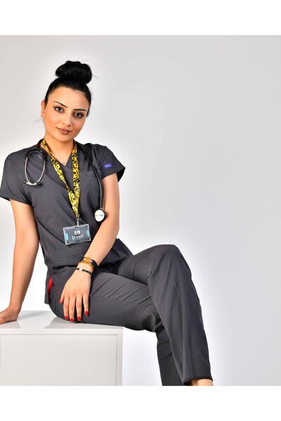 Kıraç Uniform Dr Greys Soft Likralı Antrasit Doktor-Hemşire Forması Medikal F...