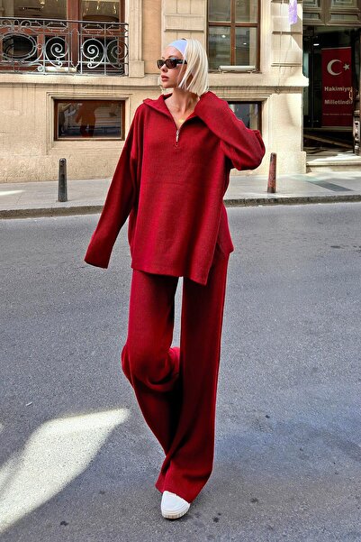 Swist Kırmızı Yarım Fermuarlı Oversize Kazak Pantolon Kadın Triko Alt-Üst Takım