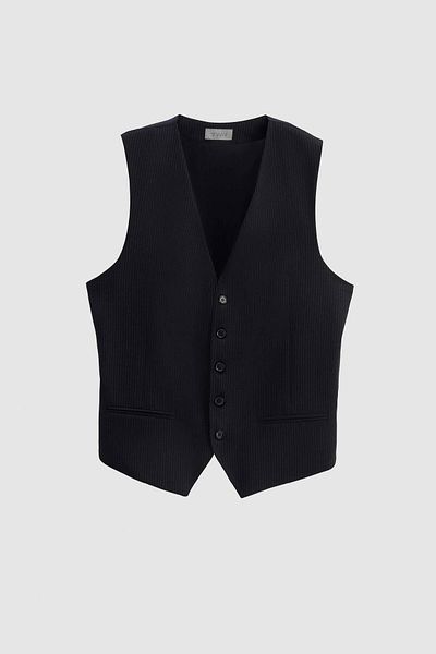 Twn Navy Blue Striped Slim Fit Suit - with Vest