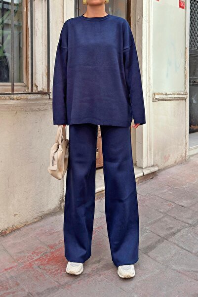 Swist Lacivert Bisiklet Yaka Oversize Kazak-Pantolon Örgü Kadın Alt-Üst Takım