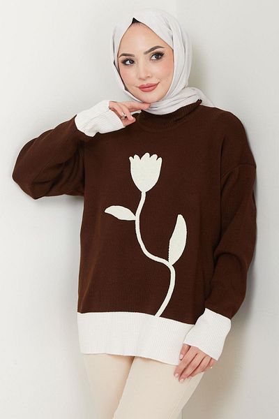 hafsamina Hm2557 Model Brown Sweater - Tulip Embroidery