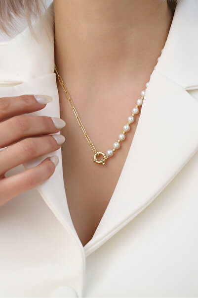 Nox Jewelry 925 Ayar Gümüş Gerçek Tatlısu Inci Ve Yarı Ataç Zincir Kolye Çap:...