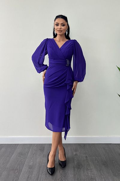 giyimmasalı Chiffon Fabric Flywheel Detail Pencil Dress - Purple