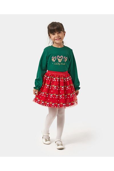 Magu Girl's Christmas Concept New Year's Themed Cotton Sweatshirt Skirt Bottom-Top Set