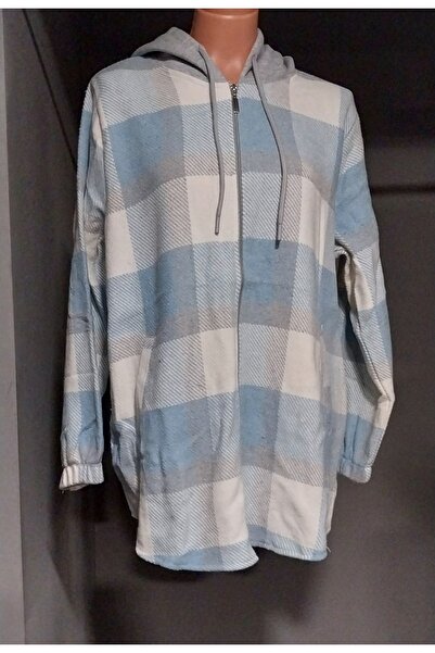 wearon tekstil Kadın Ekose Oduncu Kumaş Kapüşonlu Fermuarlı Büyük Beden Overs...