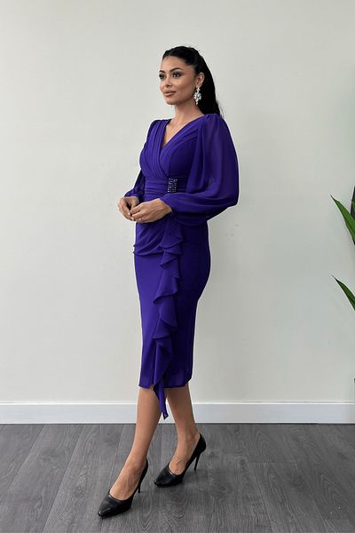 giyimmasalı Chiffon Fabric Flywheel Detail Pencil Dress - Purple
