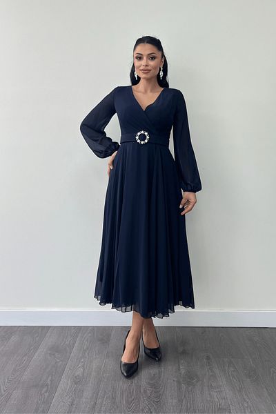 giyimmasalı Chiffon Fabric Belt Detailed Midi Dress - Navy Blue
