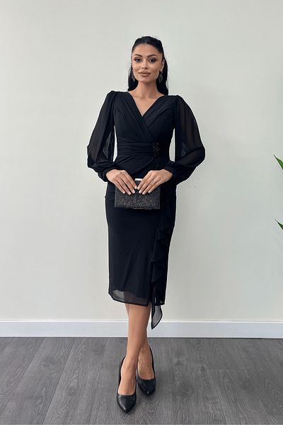 giyimmasalı Chiffon Fabric Flywheel Detail Pencil Dress - Black