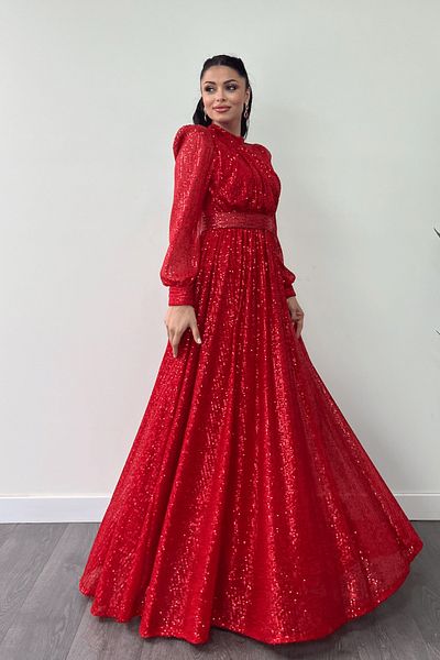 giyimmasalı Red Kilos Dress - Sequins Tulle Sequin and Drawstring Detail
